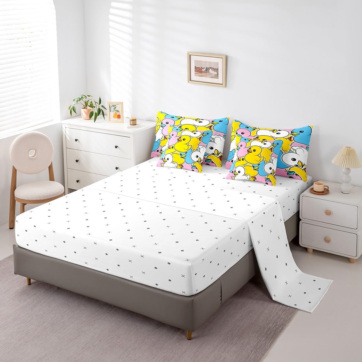 Erosebridal Colorful Duck Bed in A Bag for Kids Boys Girls Toddler,Cartoon Duck Comforter Set Full,Graffiti Rustic Animal Bedding Sets,Cute Farmhouse Animal Reversible Bed Sets with Sheet Set