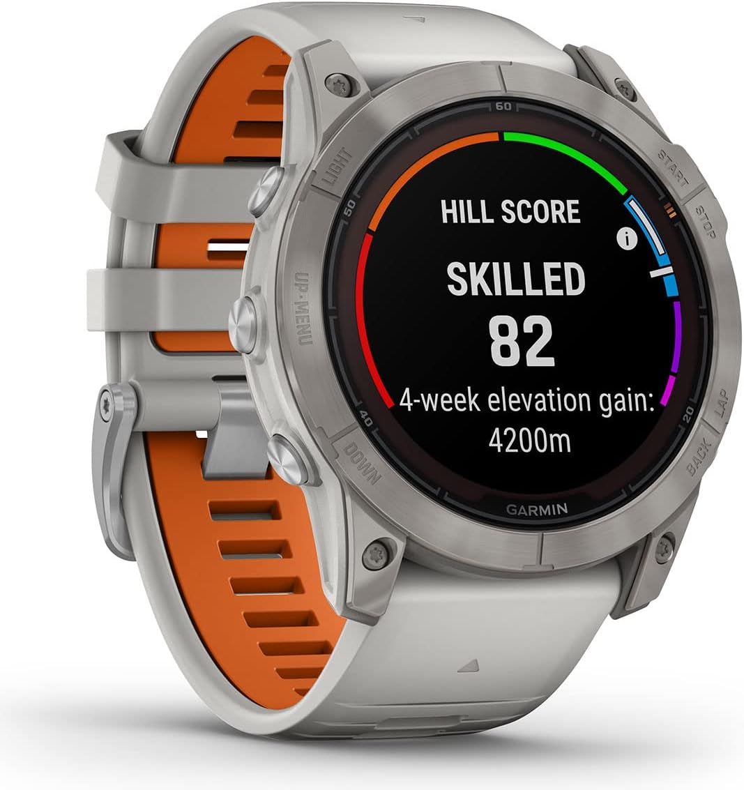 Garmin Fenix 7 Pro Sapphire Solar (Fog Gray/Ember Orange) Multisport GPS Smartwatch Bundle - Training, Sleep/Health Tracking, Flashlight - includes Screen Protectors & Portable Charger