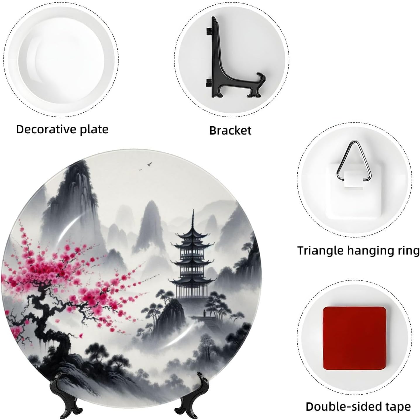 Mountainous-Landscape-Ink-Wash 10 Inch Decorative Plate With Stand, Elegant Display Wall Plate For Home Decor