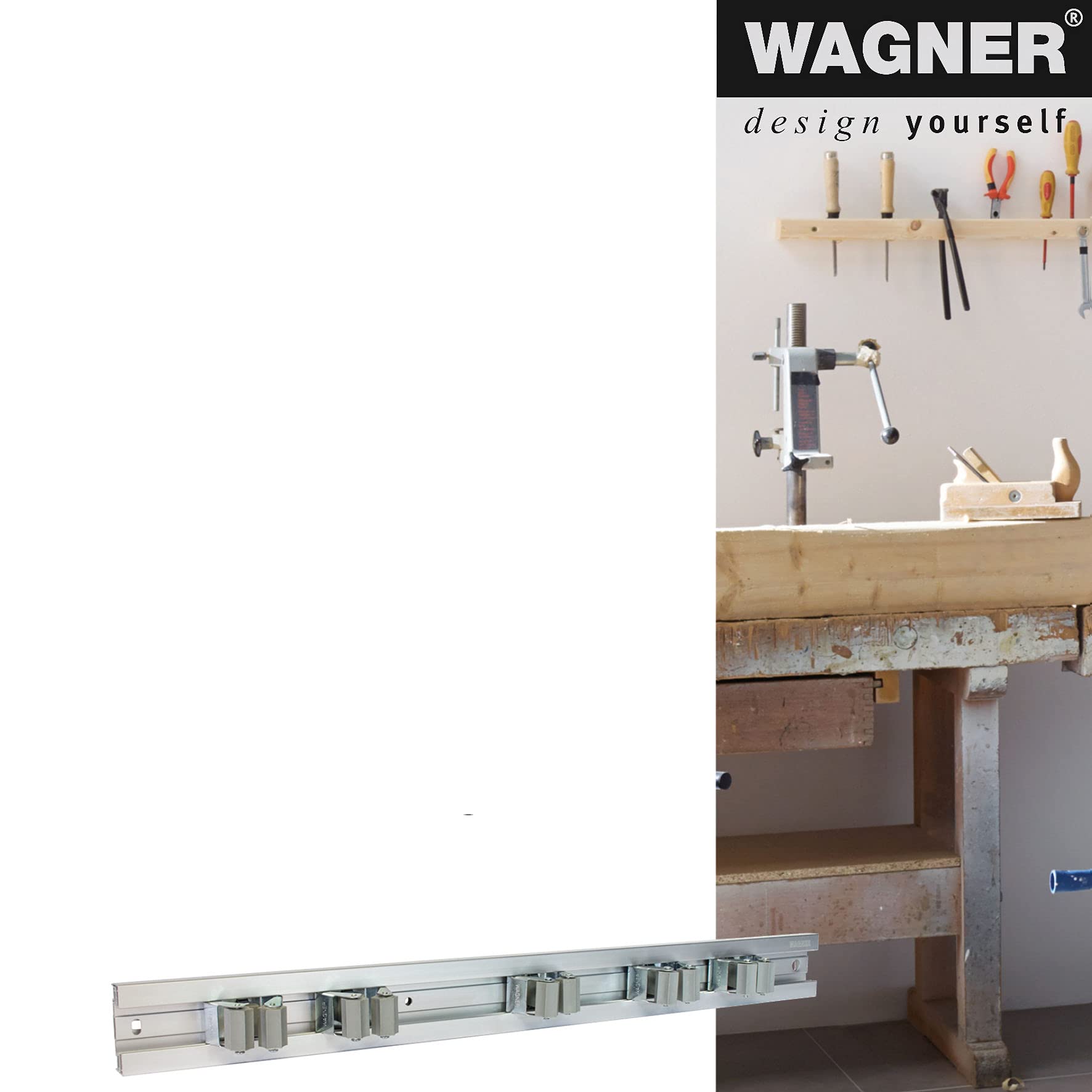 WAGNER, hooks4tools, Tool Holder, Clips & Rail EXTENDABLE, 600-1170 x 55 mm, 5 Clips 52 x 40 x 37 mm, Made of Aluminium - Image 4