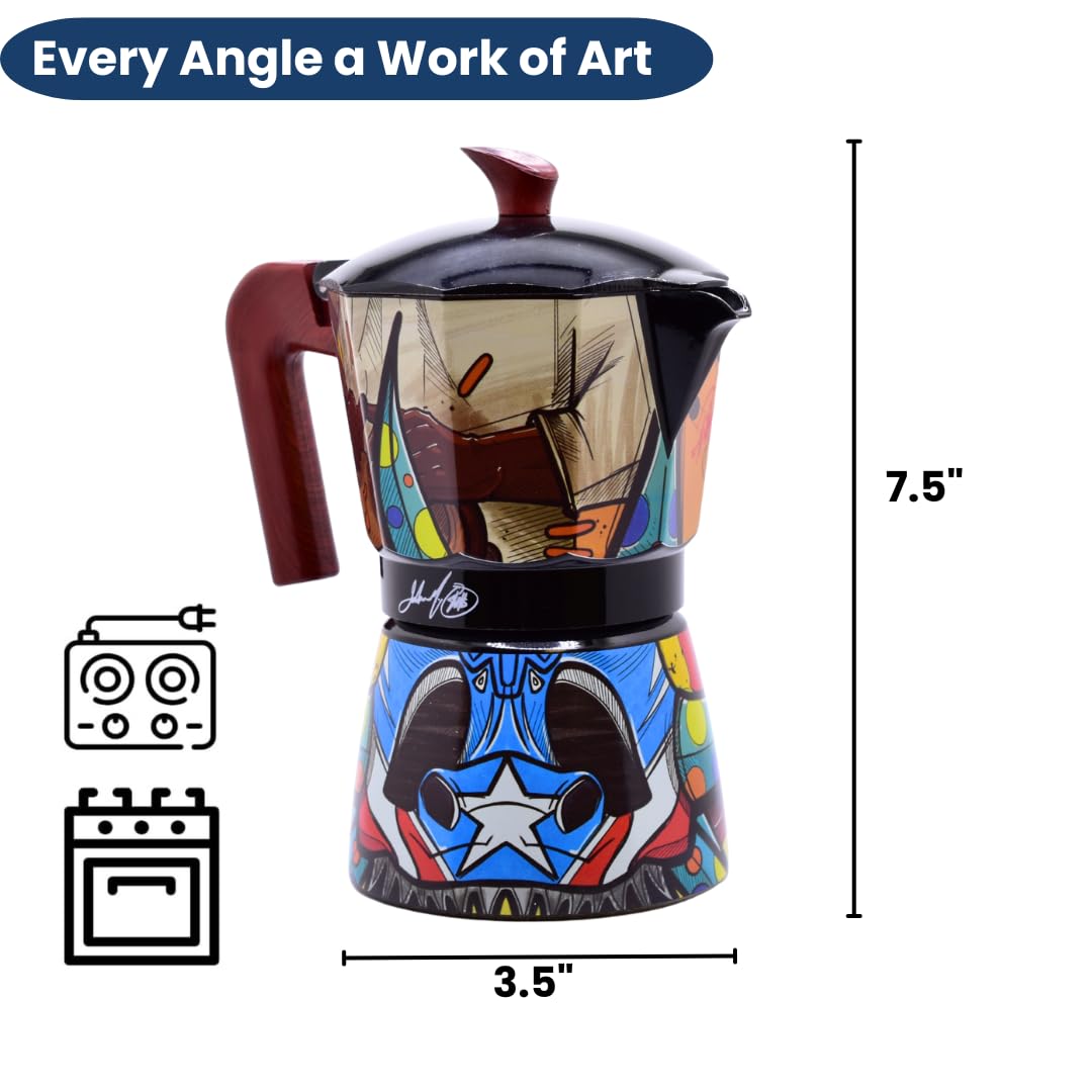 Puerto Rico Greca de Cafe Geschenkset Boricua Art by Joshua Montes Kaffeekanne Mokkakanne Café El Coqui Holzlöffel Cafetera 6 Espressotassen