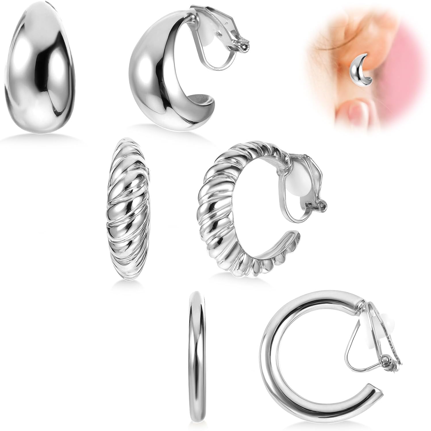 Gold Clip on Earrings, 16K Plated Chunky Waterdrop Tube Hoops Non Pierced Fake Ears Hoop Clip On Gold Earrings Set