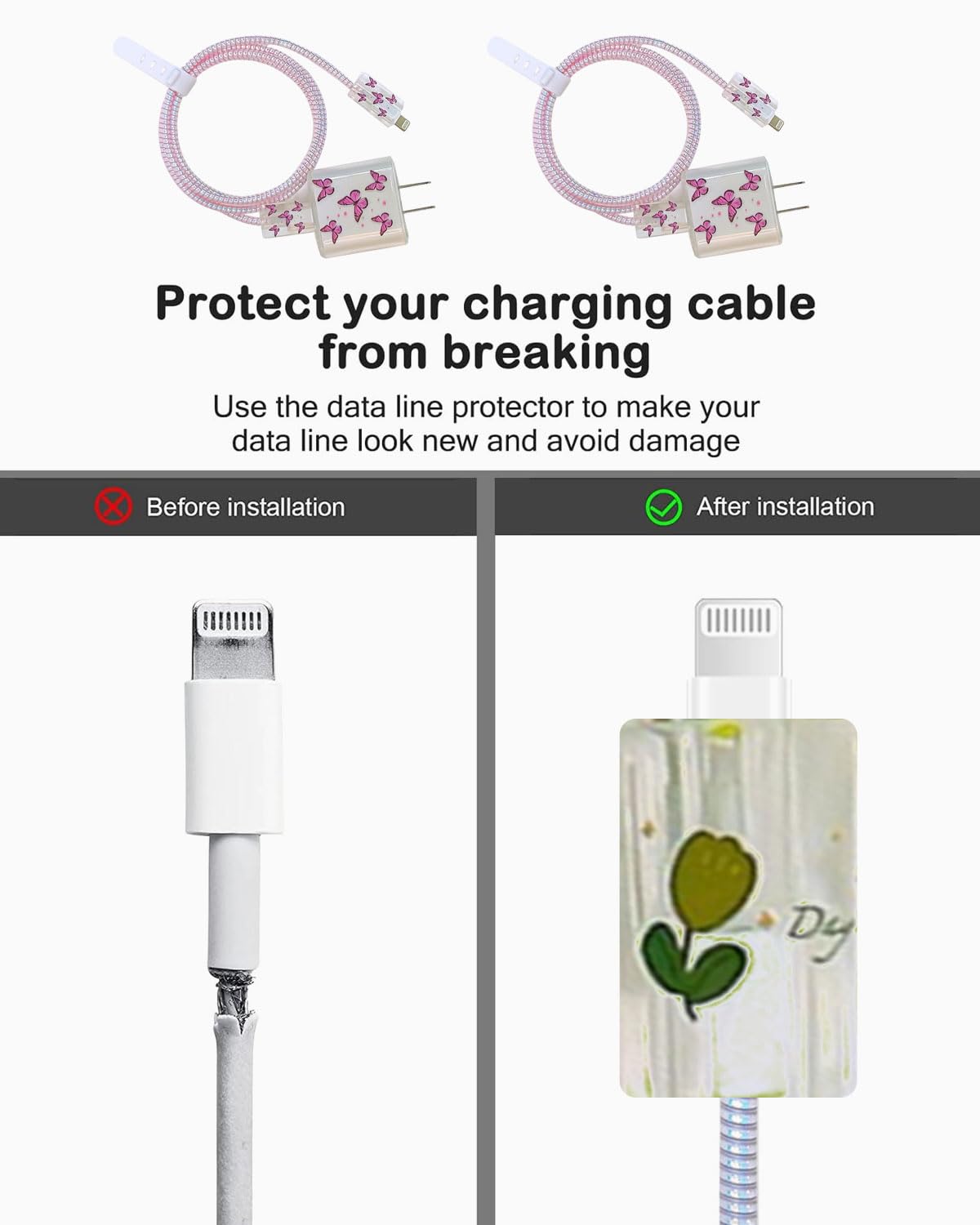 Protezioni a Forma di Fiore, Kits di Cavi Protezioni Compatibile con iPhone, Protettivi per Caricabatterie USB-C per Donne, Antigoccia Impedisce de Cavo Linee Dati, Anti-Rottura da Gatto(Rosa)