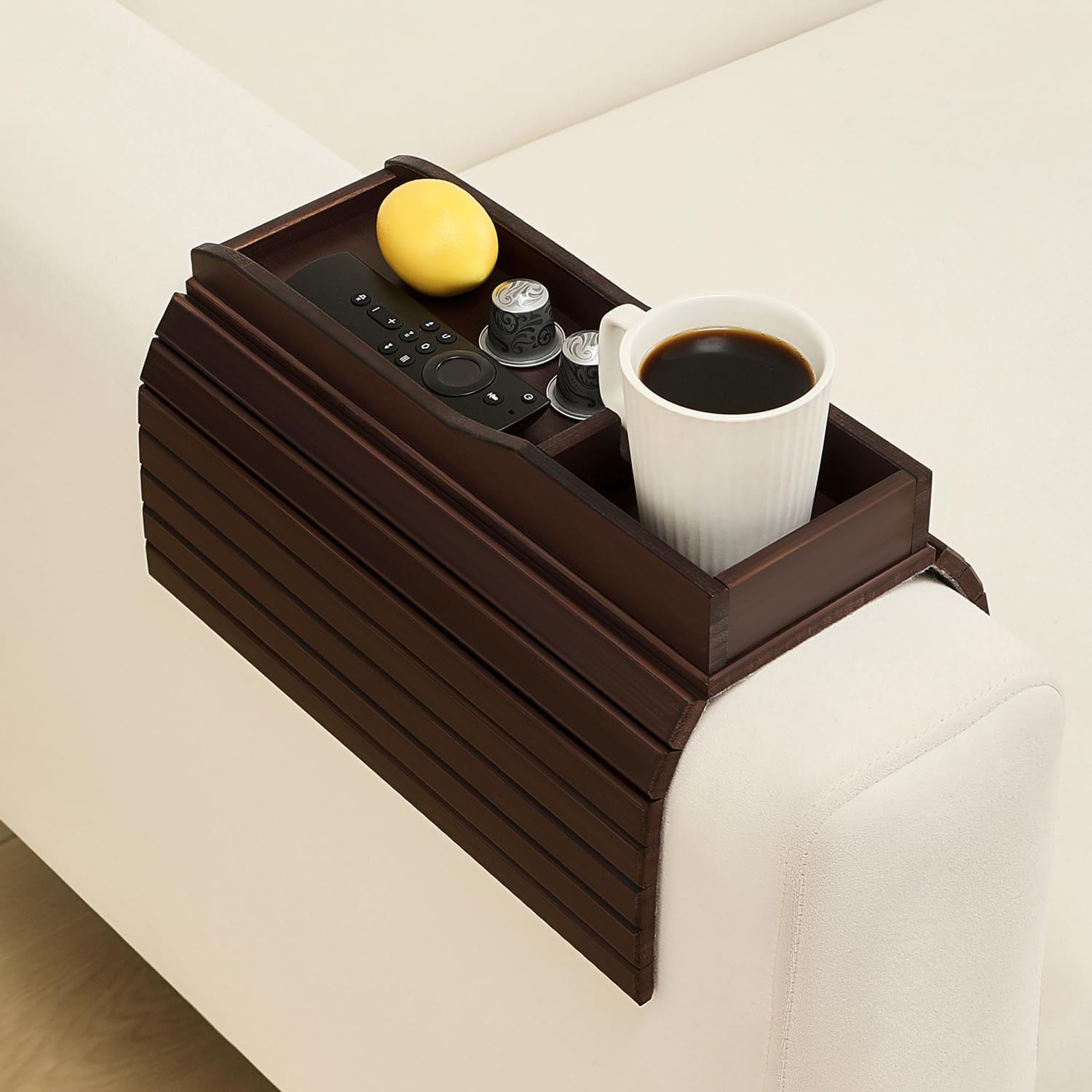 Bamboo Couch Cup Holder Arm Tray Table，Couch Drink Holder，Sofa Cup Holder Armrest Tray，Anti-Slip Foldable Arm Chair Table Tray Recliners for Drink,Cups, Snacks, Phone, Remote