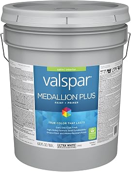 Valspar 23002 Ultra White Base Medallion Plus Interior Paint & Primer, Satin, 5 Gallon
