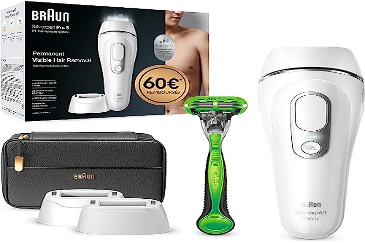 Braun Silk-expert Pro 5 Epilatore Luce Pulsata, Alternativa al Laser, Ideale per Zone Sensibili & Silk Expert Pro 5 Epilatore Luce Pulsata Alternativa al Laser Bianco e Oro