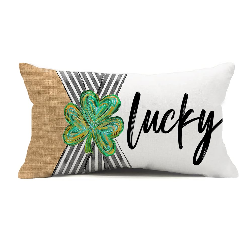 Auomily St Patricks Day Lucky Green Clover Lumbar Pillow Cover 12x20 Inch Spring Throw Pillow Case with Black