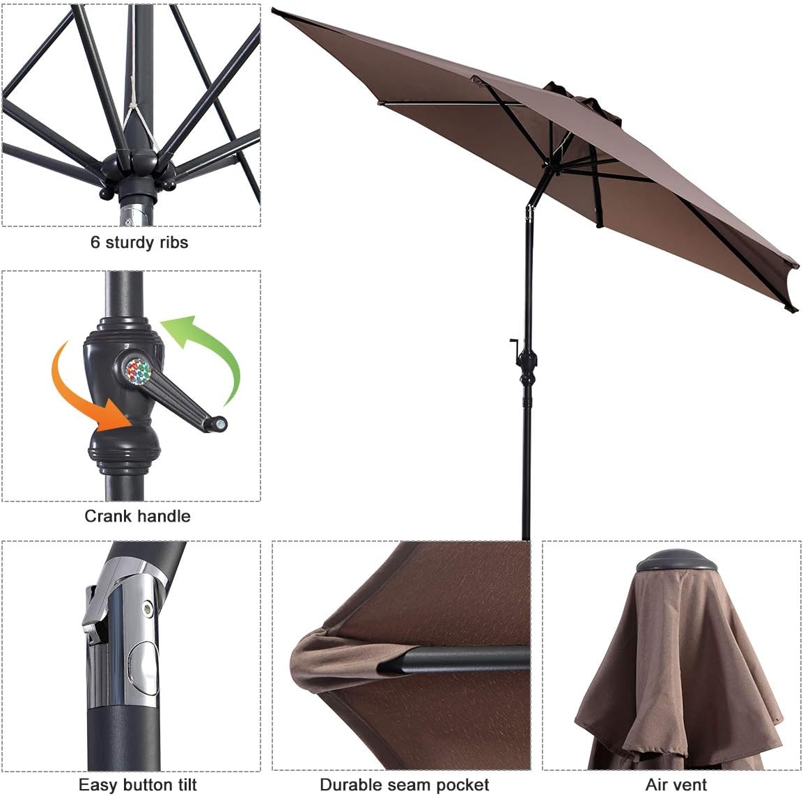 Outdoor Umbrella 10ft Patio Umbrella, Market Umbrella Picnic Umbrella with Crank & Strong Steel Ribs, Table Umbrellas for Outside Patio, Deck, Beach, Backyard(Tan)