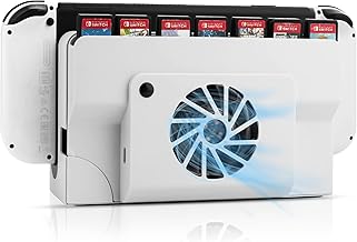 RHOTALL Cooling Fan Compatible with Nintendo Switch OLED Dock, Cooler Replacement for Switch OLED, Heat Dissipation Dock Replacement for Switch OLED with Fan, LED Light, Game Card Slots - White