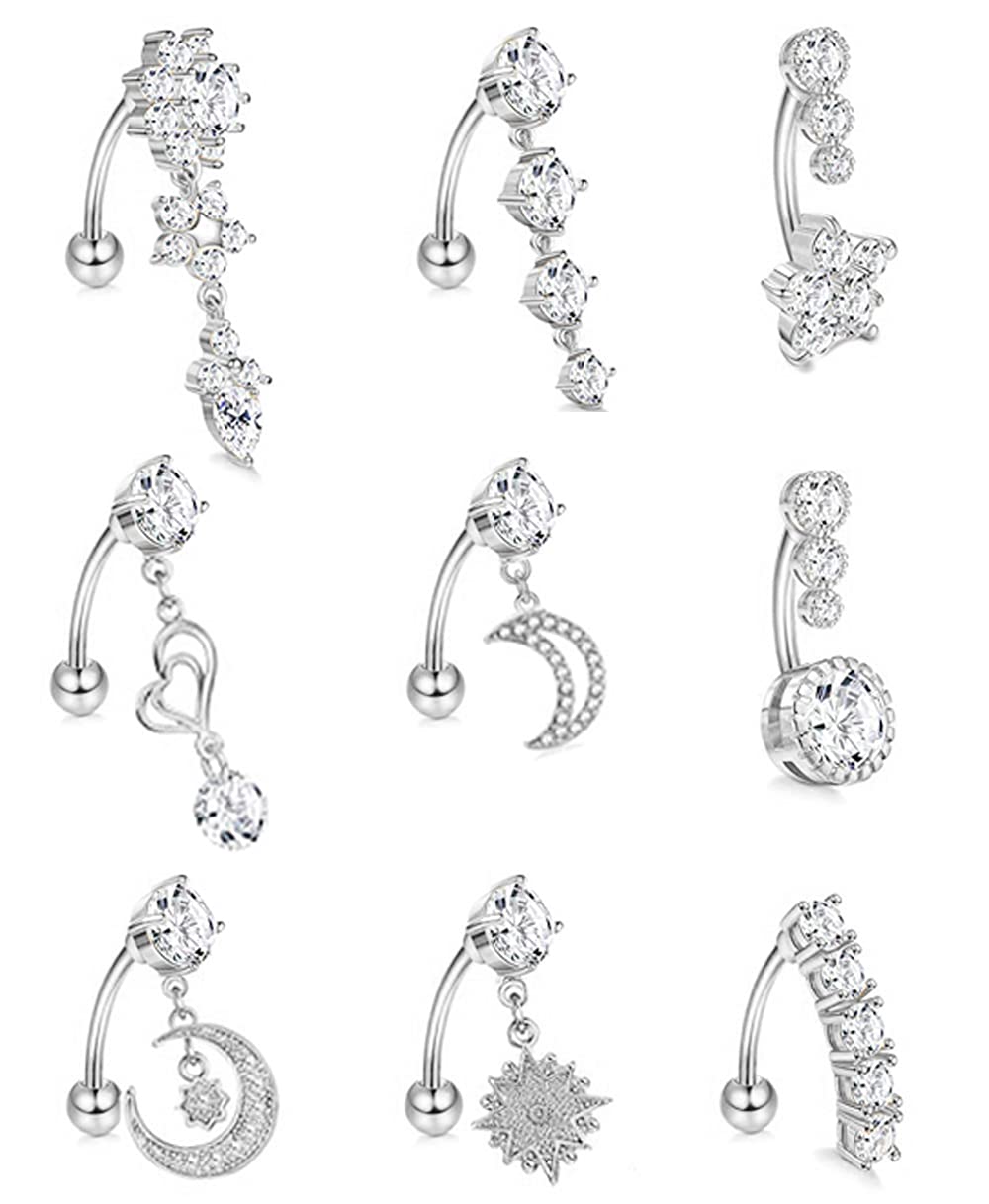 Masedy 9Pcs 14G Stainless Steel Dangle Belly Rings for Women Reverse Navel Rings Curved Barbell Body Piercing Jewelry