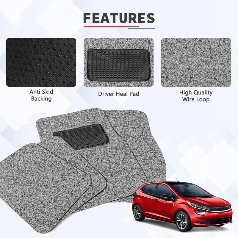 Image of Universal Fit Car Floor Mat with Comfortable Heal Pad | Vinyl Curly /Noodle Mats | Anti-Skid, Waterproof, Dust & Liquid Trapping | Universal Car Foot Mat for All Cars (Black Grey, 5 Pcs)