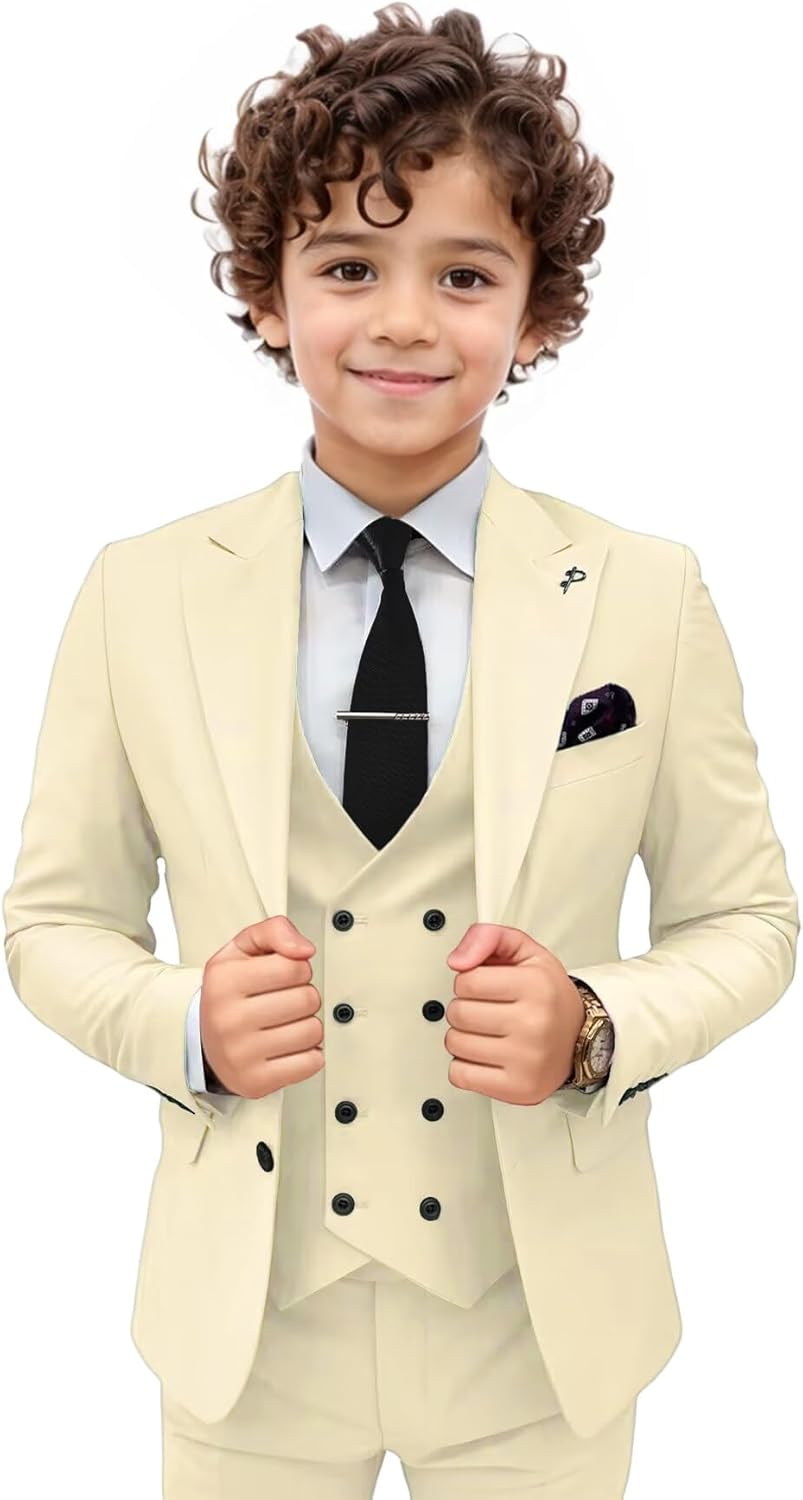 Boys Suit 3 Piece Ring Bearer Suit Slim Fit Peak Lapel Toddler Suits Kids Formal Tuxedo Wedding Outfit for Party Prom