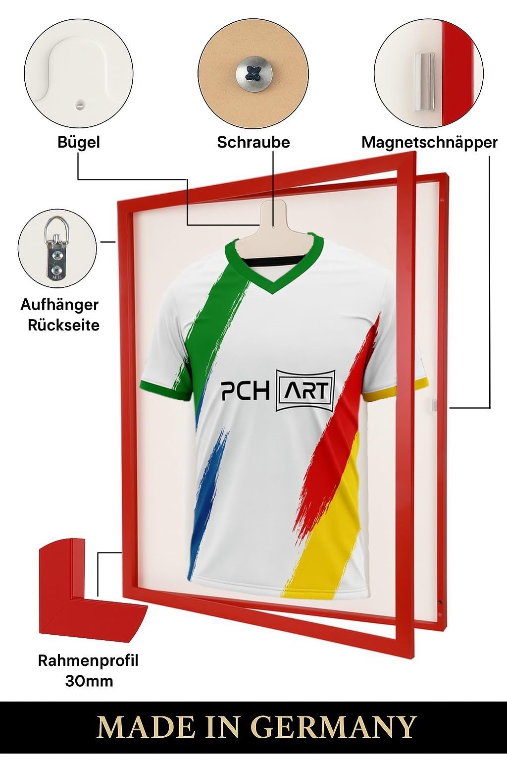 Trikotrahmen mit Drehtür in Vereinsfarben|Farbe: Blau-Rot|Rückwand weiß|UV-Schutz Kunstglas|MDF Rahmen|Magnetverschluss|für Fußballtrikots & Fanartikel