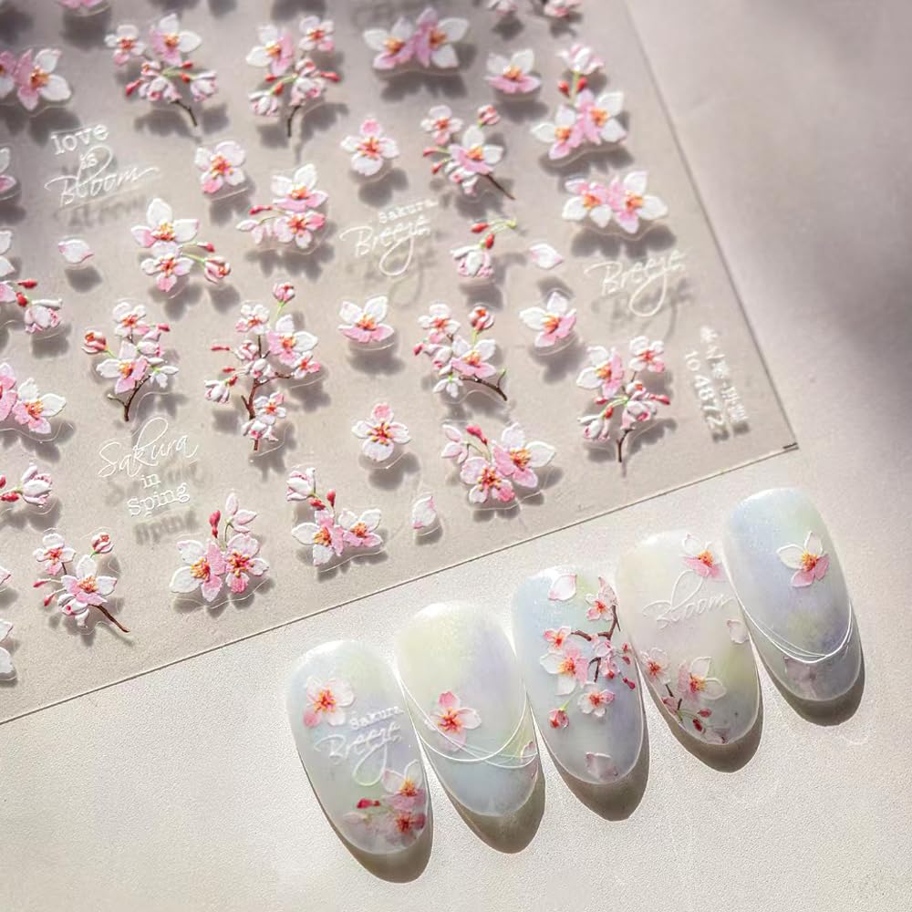 Pretty Diva Cherry Blossom Nail Art Sticker, 5D Embossed Pink Flower Nail Sticker Decals in Spring Summer, Cute Self-Adhesive French Tip Nail Decal