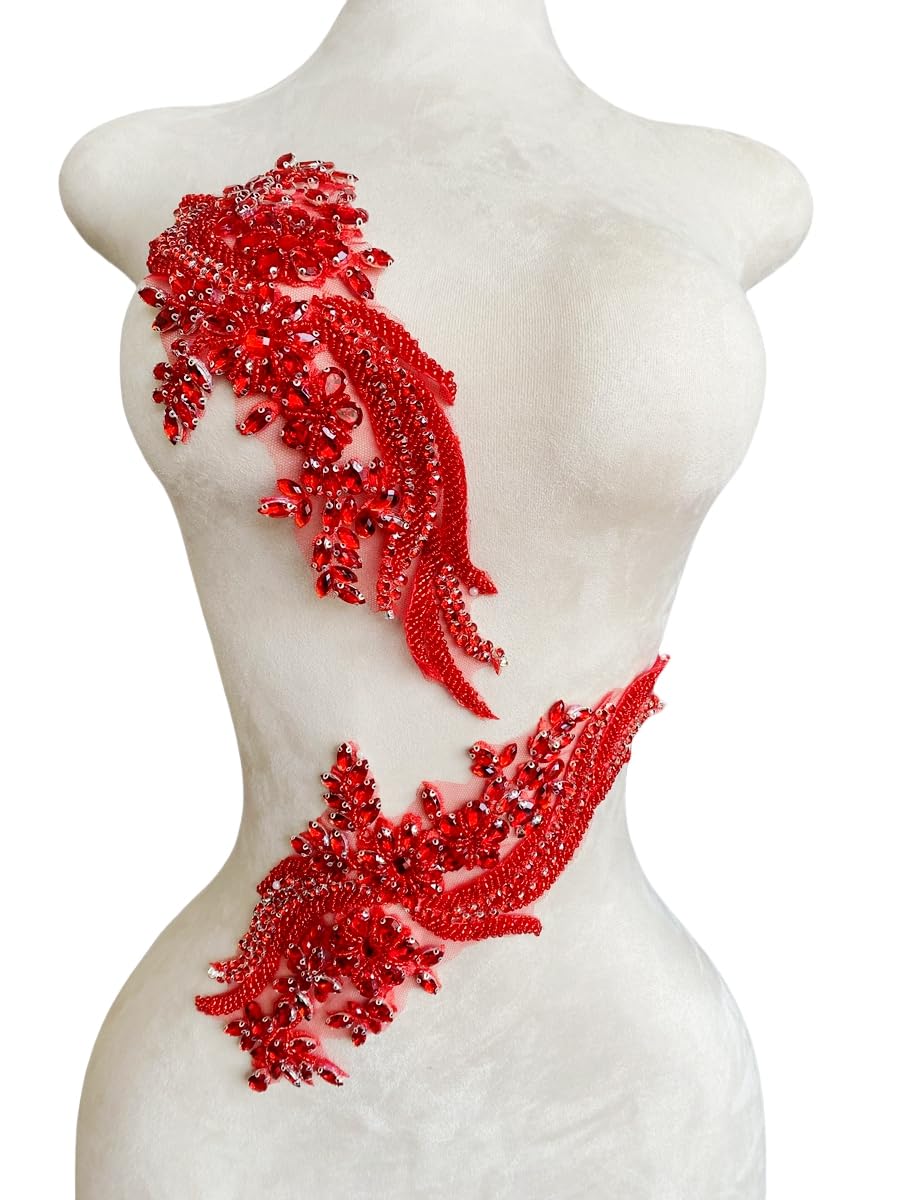 Photo 1 of 1 Pair Handmade Beaded Crystal Patches Bodice Lace DIY Applique Patches Accessory for Dress Clothes 35X12cm (Red)
