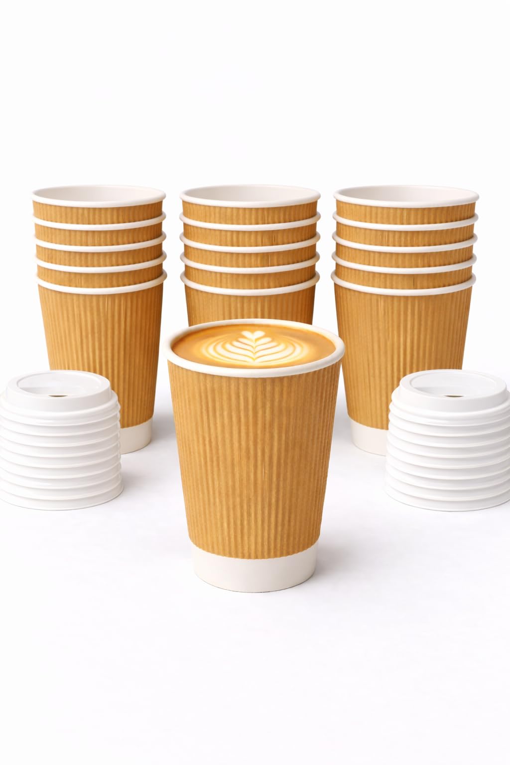 Elite® 12oz Ripple Triple Wall Coffee Cups – Brown Insulated Chai & Tea Cups for Hot Drinks – Disposable Takeaway Cups for Café, Office & Events (White Lids, 200)