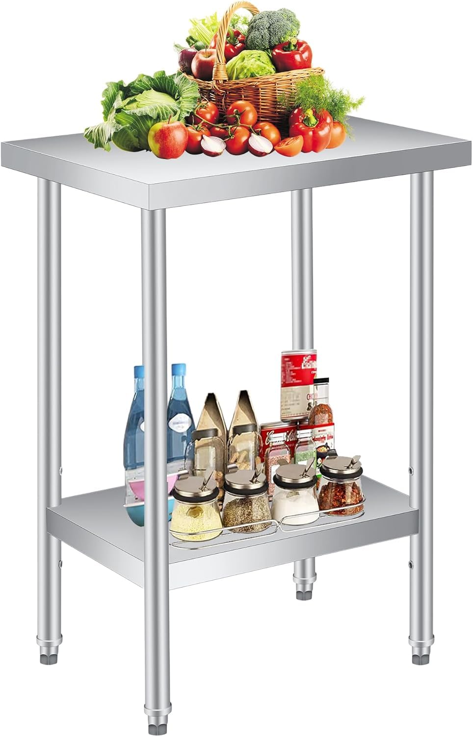 Mesa de trabajo de acero inoxidable con estante ajustable, patas preinstaladas, 2 estantes de metal, ideal para cocina, restaurante, garaje, exterior y preparación de alimentos, 76,2 x 61 cm