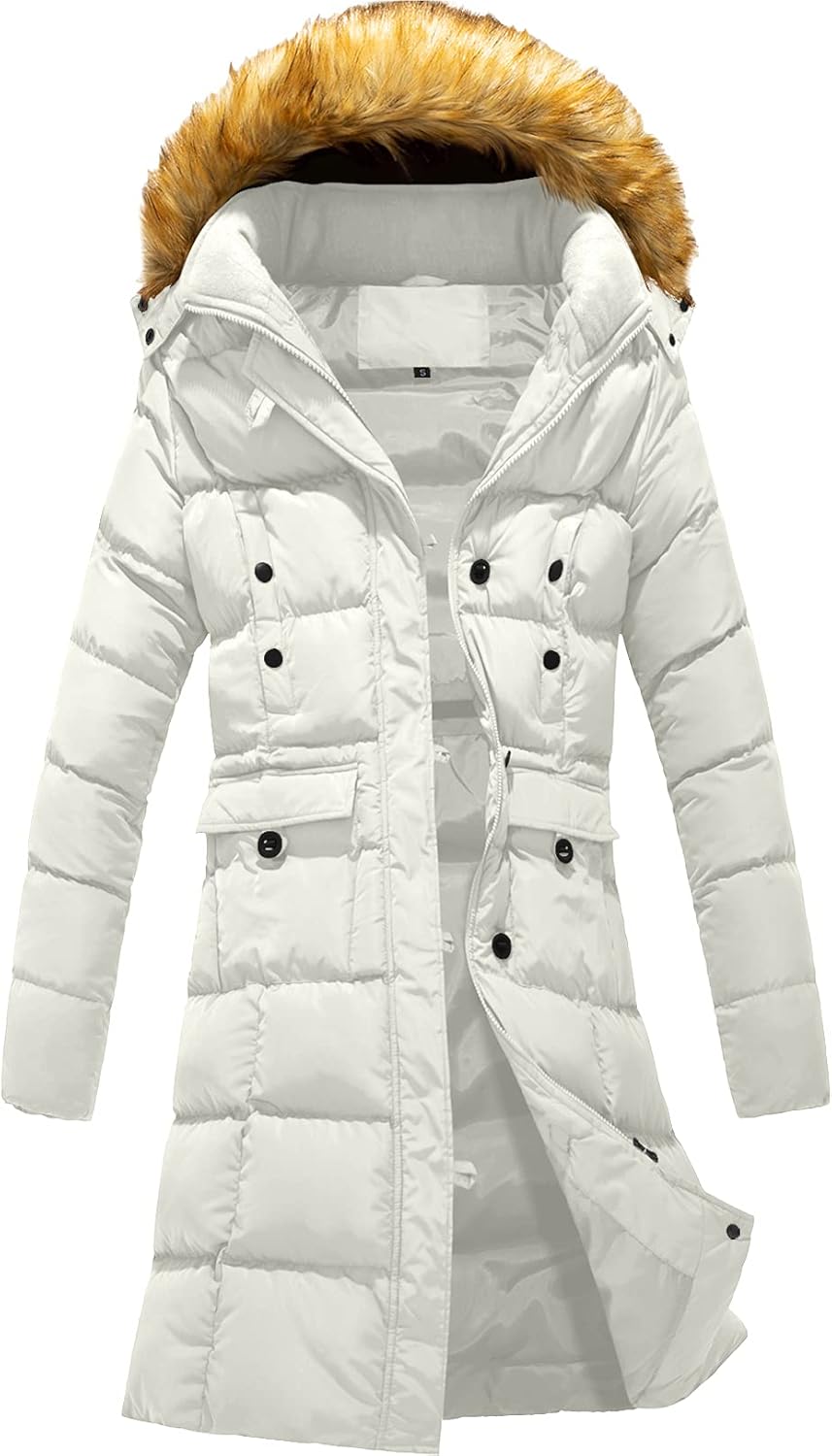 Szory Women’s Winter Down Puffer Mid Length Pocket Coat with Removable Fur Hood