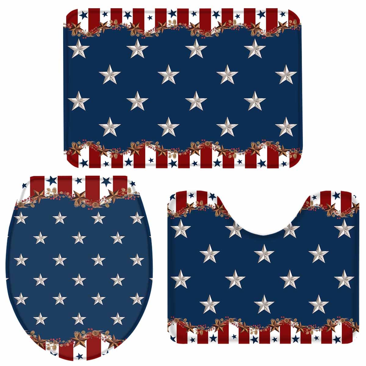 LooPoP 4th of July Bathroom Rugs and Mats Sets 3 Piece Patriotic Star Stripes Bath Sets Non Slip Bath Rug Set with U Shape Rug Rustic Red Blue Contour