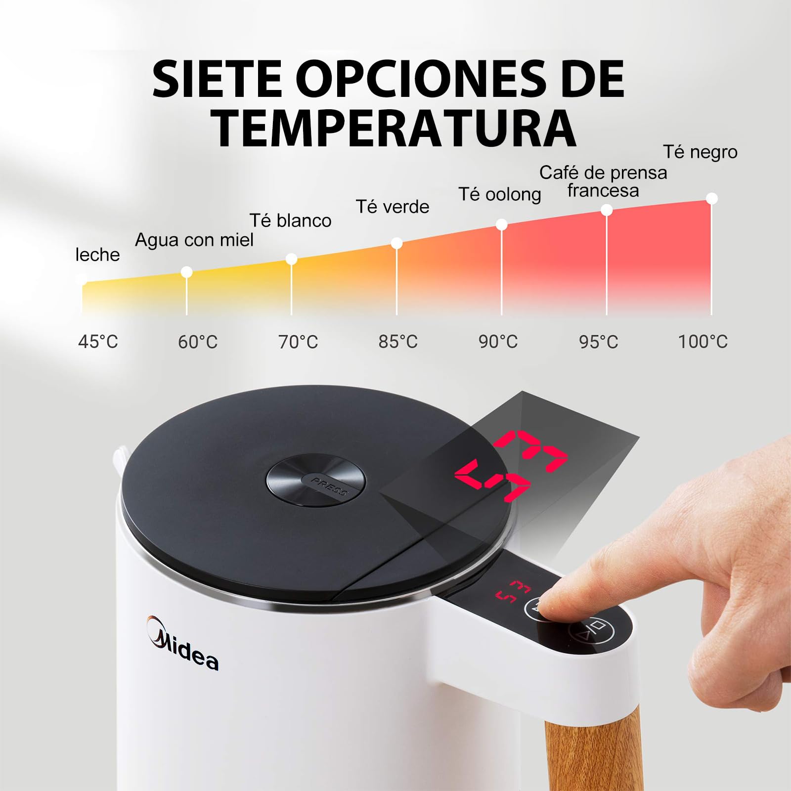 Midea Hervidor de Agua Electrico con Control Temperatura 1,5L, 2200W, Kettle con indicador de temperatura y Asa de Madera, Libre de BPA con Base 360°, Doble Pared, Acero Inoxidable Interno, Blanco