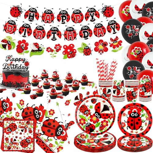 Decoración de fiesta de mariquita, decoraciones de cumpleaños de mariquita, platos, tazas, servilletas, mantel, pancarta de feliz cumpleaños, decoración de pastel de globos para suministros de fiesta