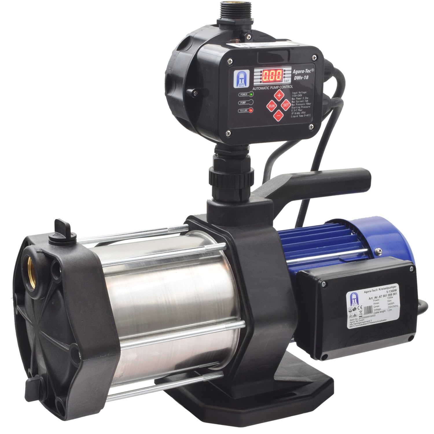 Agora-Tec® Hauswasserautomat Hauswasserwerk 5-1300 18DW mit Druckschalter 5400 l/h 5,6 bar einstellbarer Ausschaltdruck Trockenlaufschutz mit aktivierbarer Neustartfunktion Überdruckabschaltung