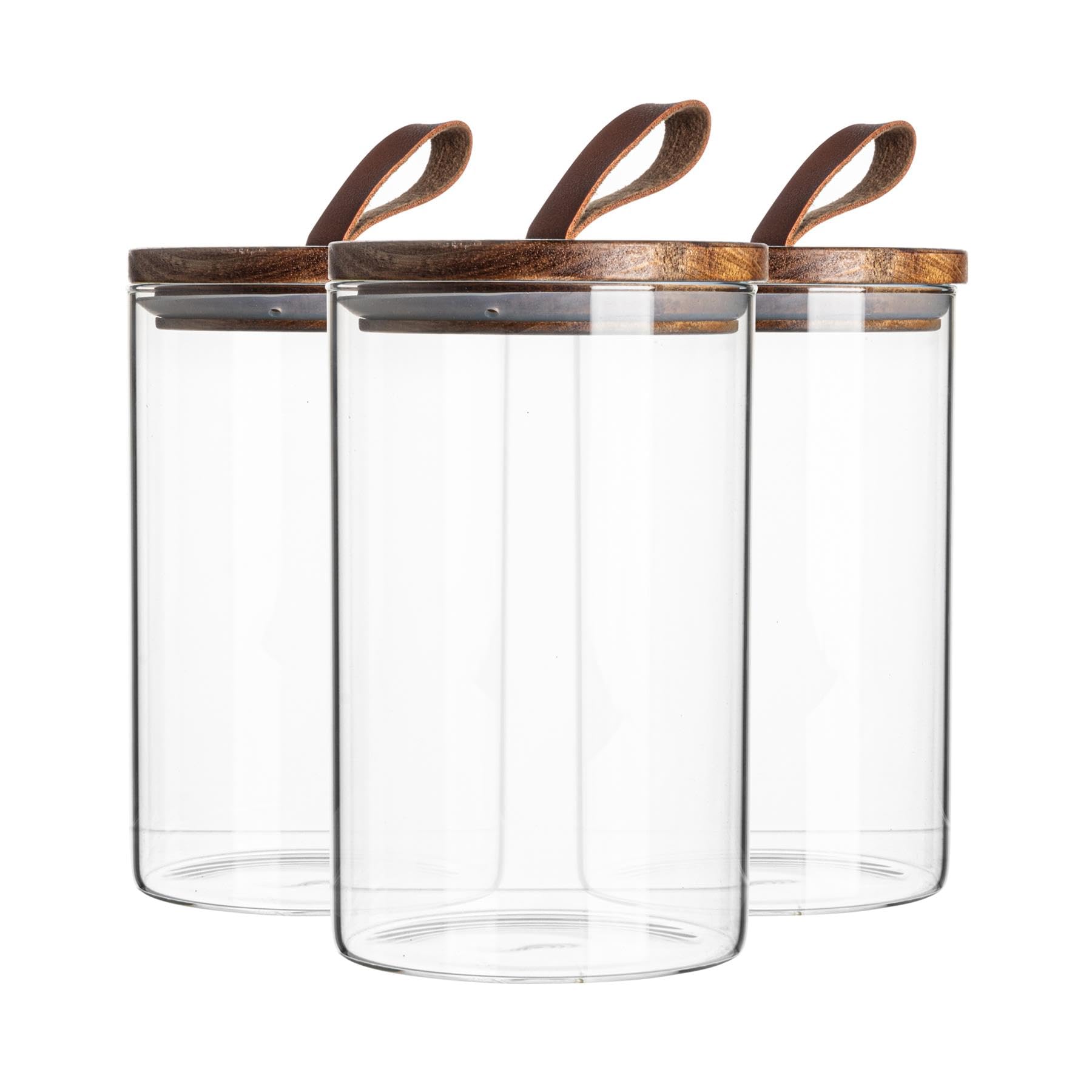 Argon Tableware Scandi Storage Jars with Leather Loop Lids - 1000ml - 3 Pack - Modern Round Organisation Container Glass Jar for Kitchens, Pantry, Bathrooms, Utility Rooms โ image 1