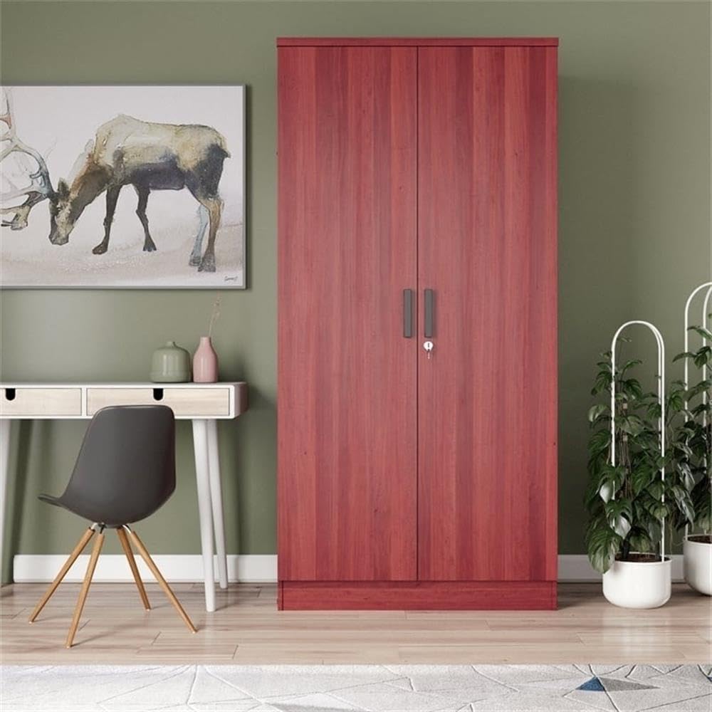 Pemberly Row Modern Wood Two Door Armoire Wardrobe Cabinet, 72" H x 31" W x 20" D, Laminated Engineered Wood, Mahogany Finish, Lockable Storage with Shelves and Garment Rod, Bedroom or Workshop Use