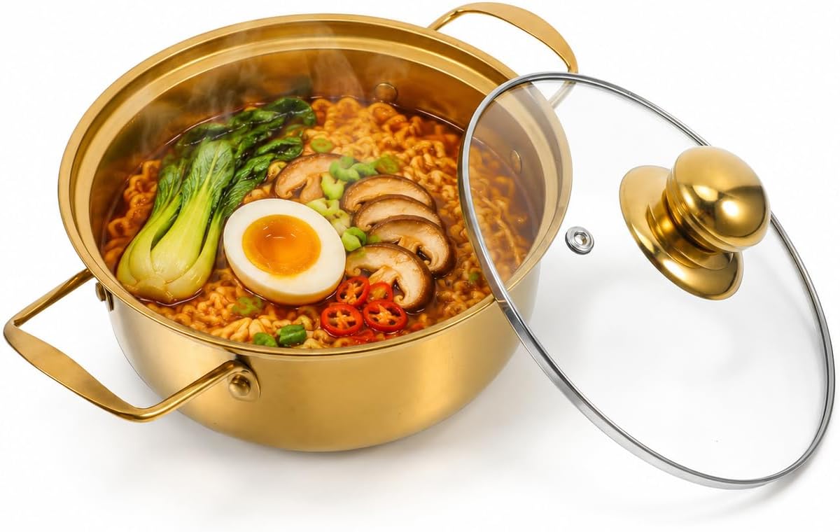 1 PCS Korean Ramen Pot, Stainless Steel Induction Cooking Pot with Glass Lid, Golden Soup Noodle Pan with Dual Handles, Metal Small Saucepan for Boiling Ramyun, Broth for Home Kitchen