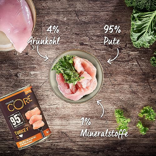 Wellness CORE 95% 6 x 400g, Truthahn & Grünkohl – Hundefutter Nass, stückige Pastete für ausgewachsene Hunde, getreidefrei, natürlich, hypoallergen, proteinreich, hoher Fleischanteil