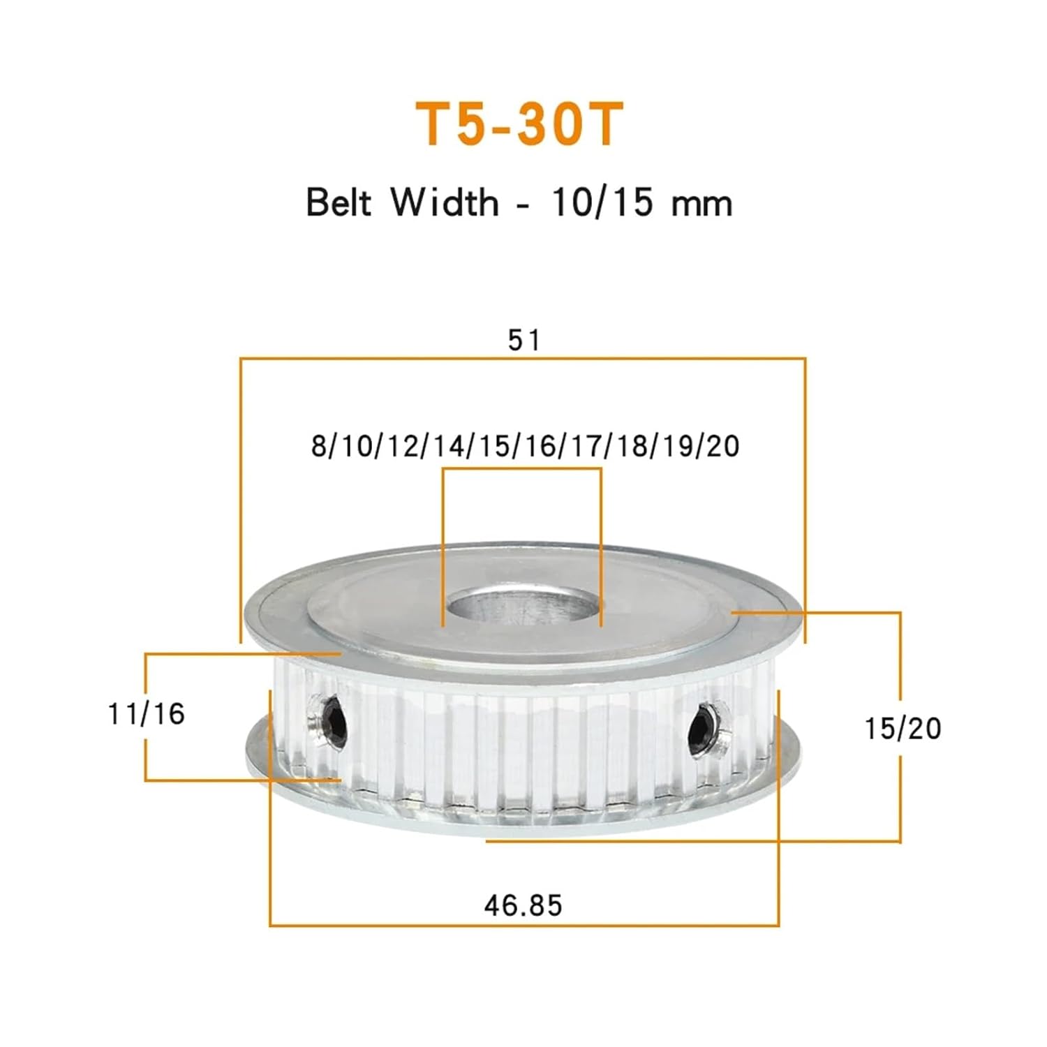 Pulley / T5-30T Bore 8/10/12/14/15/16/17/18/19/20 Mm Alloy AF Shape Teeth Pitch 5mm for T5 Width 10/15mm Rubber Belt(19 mm,16 mm)