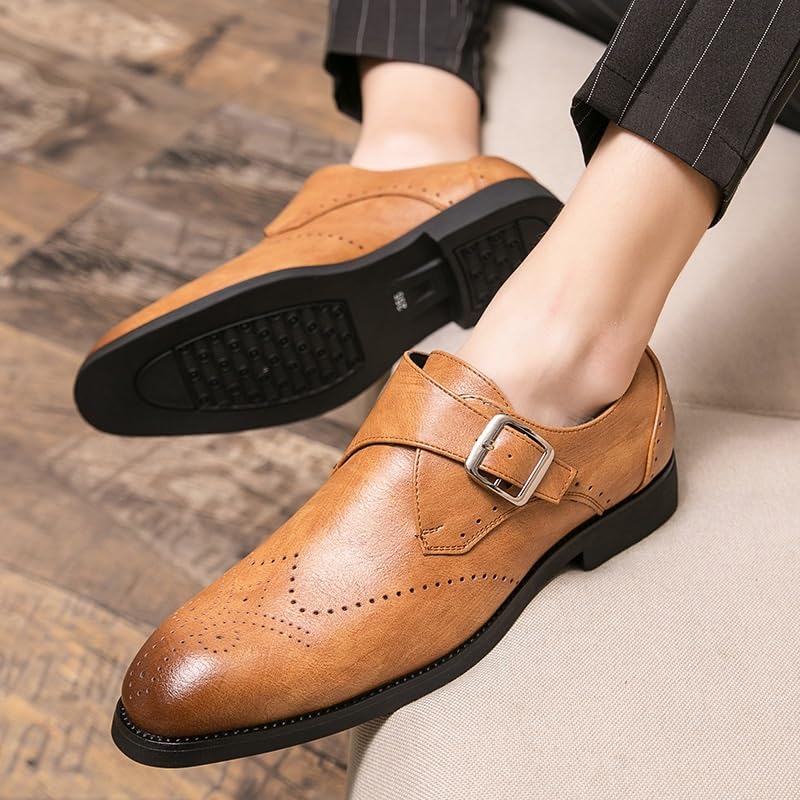 Dress Oxford Shoes for Men Slip On Brown Block Men's Shoes Single Buckle Loafers Shoes Breathable Men Dress Shoes Non Slip Anti-Slip Walking2