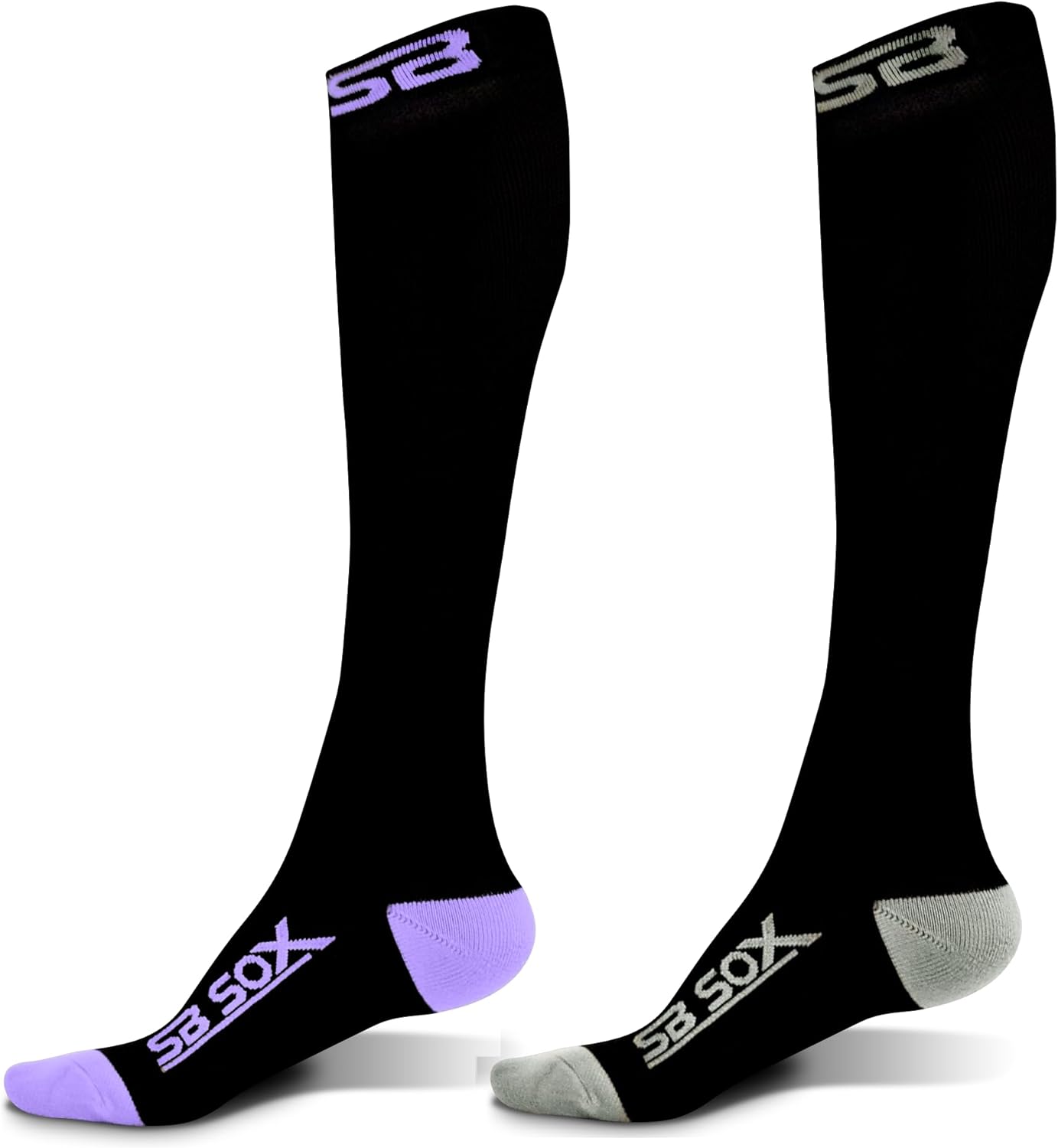 SB SOX - 2 Pairs Compression Socks, Size Small (Black/Purple + Black/Gray)