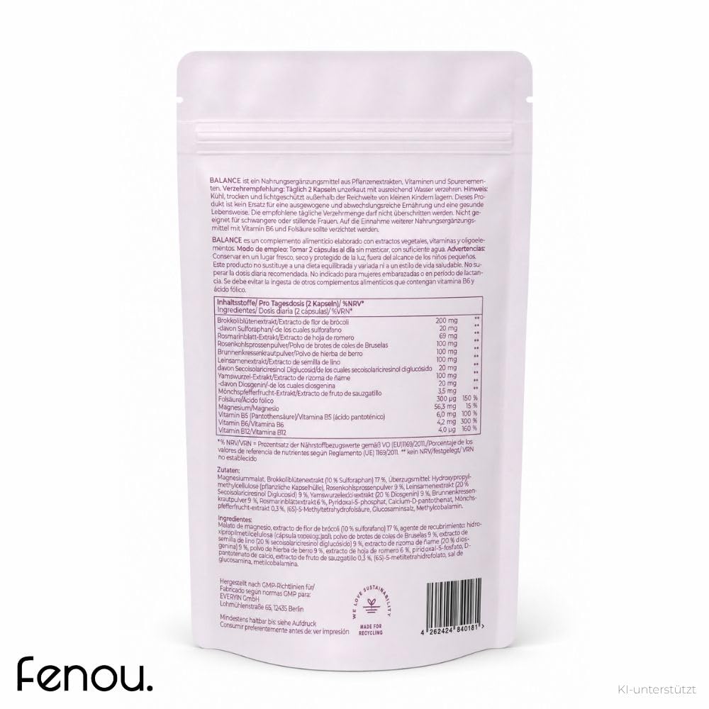 Fenou balance x cycle - Nahrungsergänzungsmittel für Frauen - Pflanzliches Supplement bei PMS, Periodenschmerzen & Unregelmäßigem Zyklus - 60 Kapseln