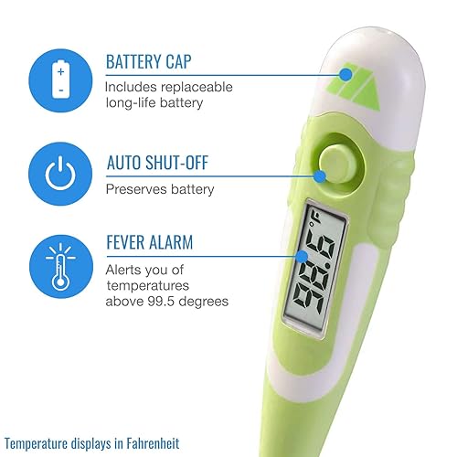 Miniatura 2 de MABIS Termómetro digital impermeable de 9 segundos con punta flexible para lecturas rápidas de temperatura oral, rectal o axilas para bebés, niños y