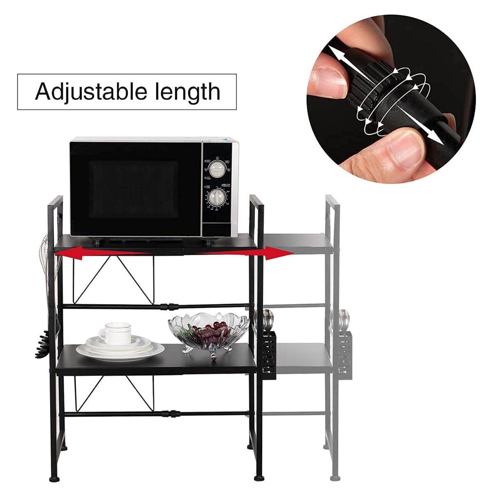 Scaffale allungabile per forno a microonde con ripiano portaoggetti in metallo, portaoggetti da cucina con ganci in plastica, risparmio di spazio (nero a 3 livelli)