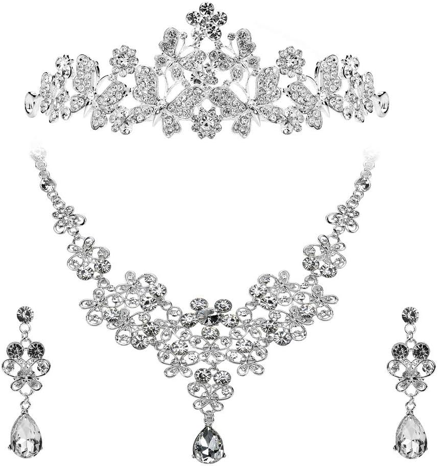 Febou Bridal Jewelry Set Crystal Rhinestone Hair Accessories Tiara Crown Necklace Earrings for Bride Women Wedding Prom Party (c)