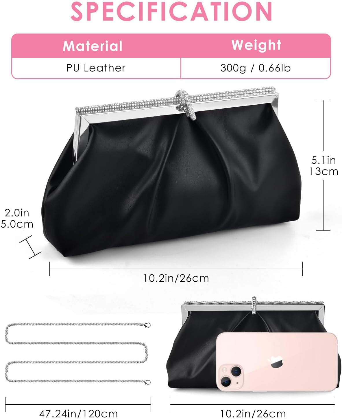 TINDTOP Clutch Purses for Women, PU Leather Formal Evening Bags Shoulder Party Handbags Wedding Cocktail Prom Clutches