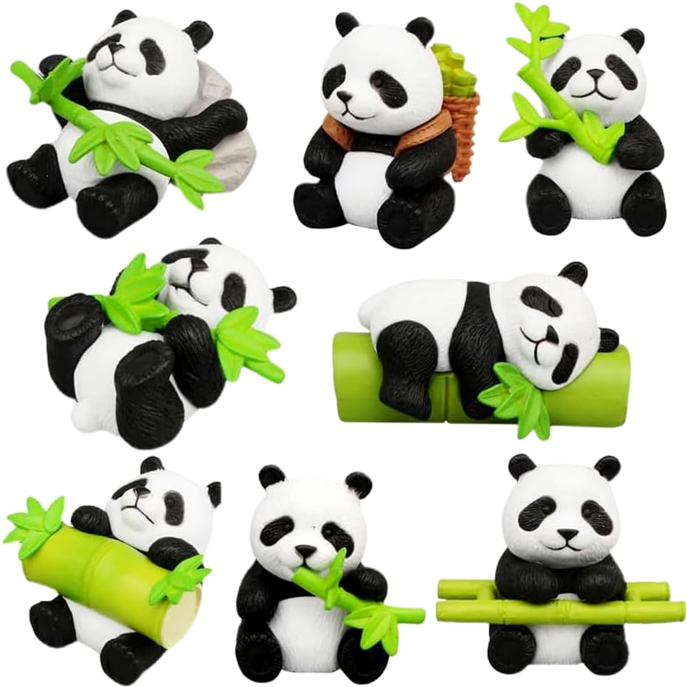 8Pcs Panda Cake Topper Set, Mini Resin Panda Cake Topper Decoration Miniature Farm Animal Figurines for Desk, DIY Fairy Garden, Dollhouse and Home Decor