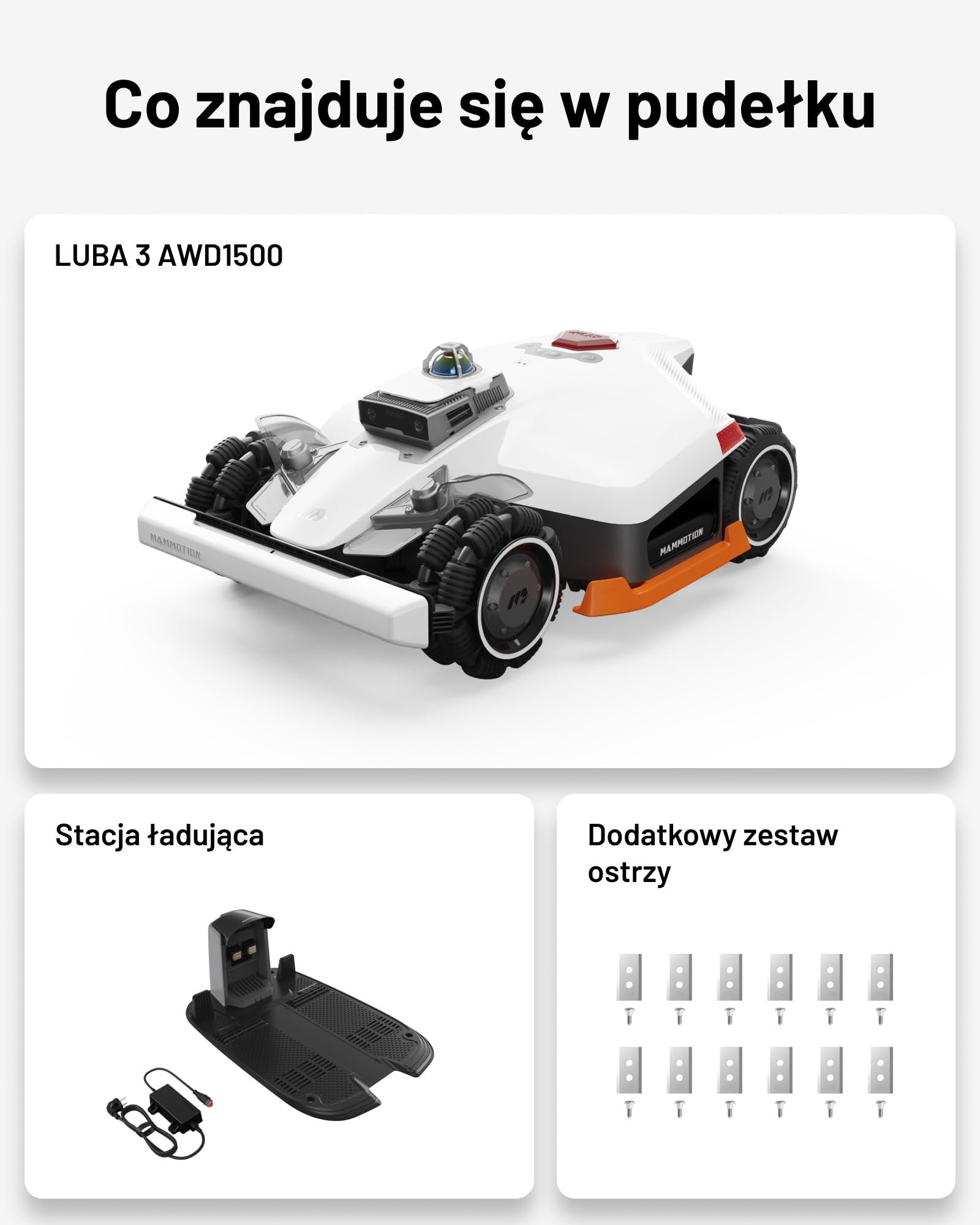 Mammotion LUBA 3 AWD 1500 robot koszący bez przewodu, Zalec. 1500 m² | 360° LiDAR + Podwójna kamera z KI, AWD do 80% nachylenia, 15 stref, Wysokość cięcia 25-70 mm, Bateria 9,4Ah