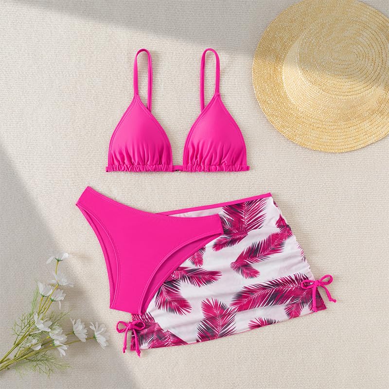 Girls 3 Piece Swimsuit Tropical Print Bikini with Drawstring Beach Skirt Cute Ruched Bathing Suit 6-14Y3