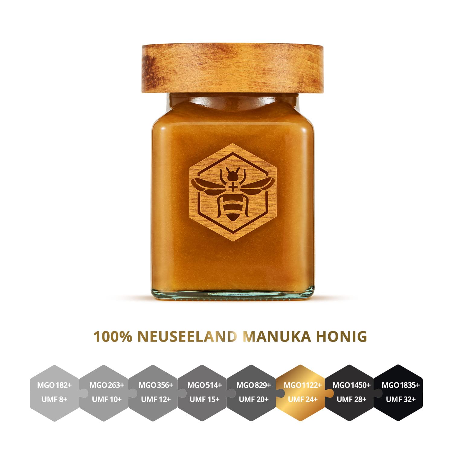 Manuka South Honig MGO 1122+ (UMF24+) 340g - Honigglas mit edlem Buchenholz Deckel - Premium Manuka-Honig aus Neuseeland mit Gold-Verpackung - roh und naturbelassen - exklusive Geschenkidee