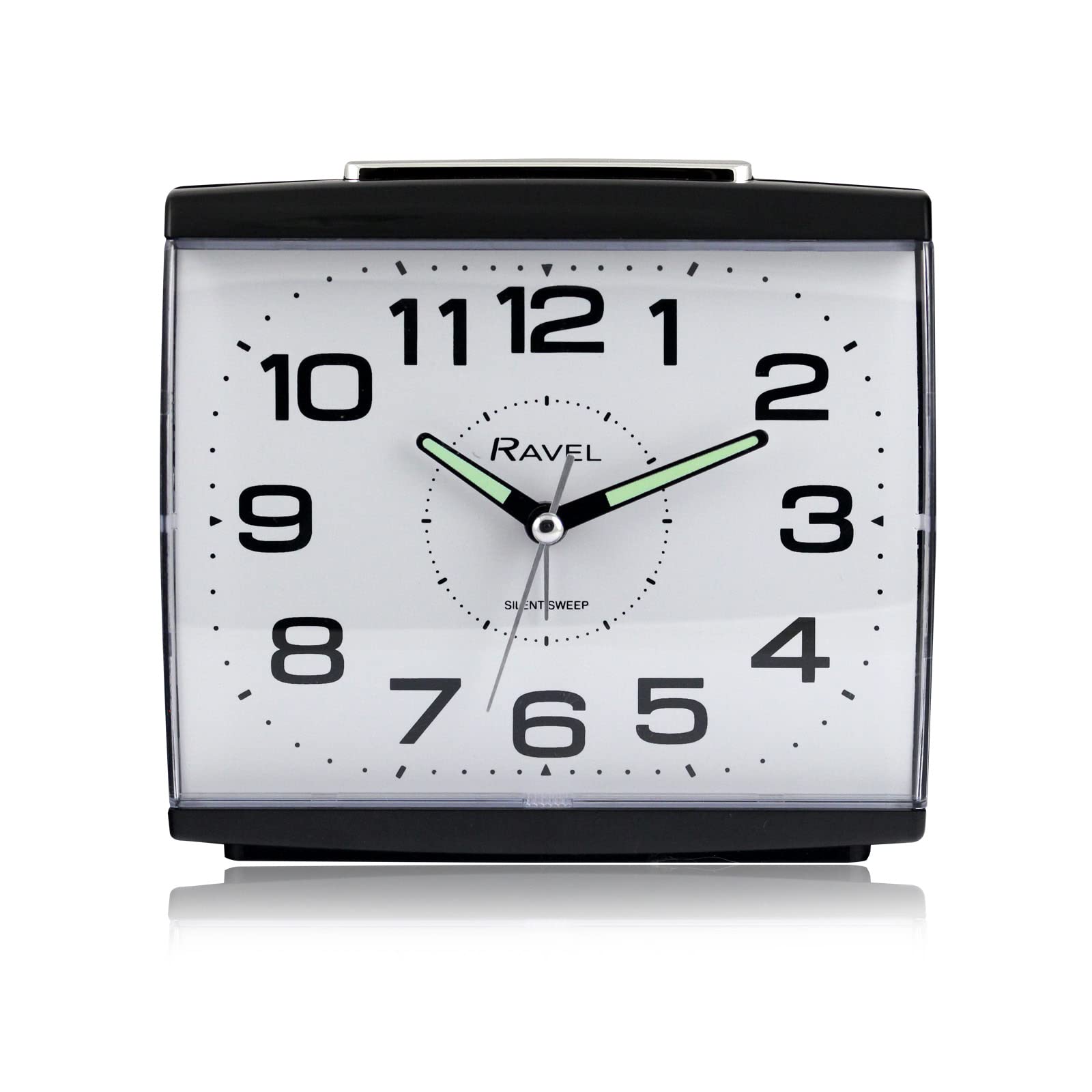 Ravel Black - Large Retro Bedside/Mantle Quartz Alarm Clock With Silent Sweep Second Hand, Snooze And Light - Rc037.3