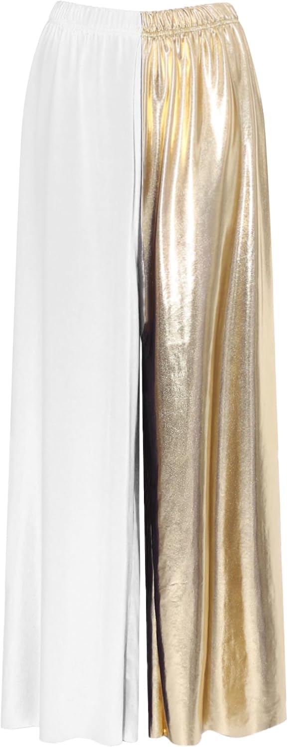 FEESHOW Women's Praise Dance Pants Wide Leg Pants | Metallic Color Block, Elastic Waist, Loose Fit, Celebration of Spirit Trousers, for Worship Dance