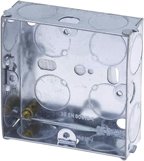 Brite-R 1 Gang Single 25mm Metal Back Box Electrical Socket Switch Recessed Wall Pattress 1G Flush Mount -BS EN 60670 & 5733 UK Standard- Brass Terminal Screws Galvanised Steel Earth Bond Terminal