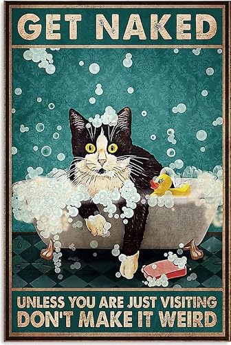 asbwuo Cat Metal Tin Sign Get Naked Funny Bathroom Signs, Vintage Wall Decor Retro Art Decor Poster Vintage Tin Sign, 6x8 Inch
