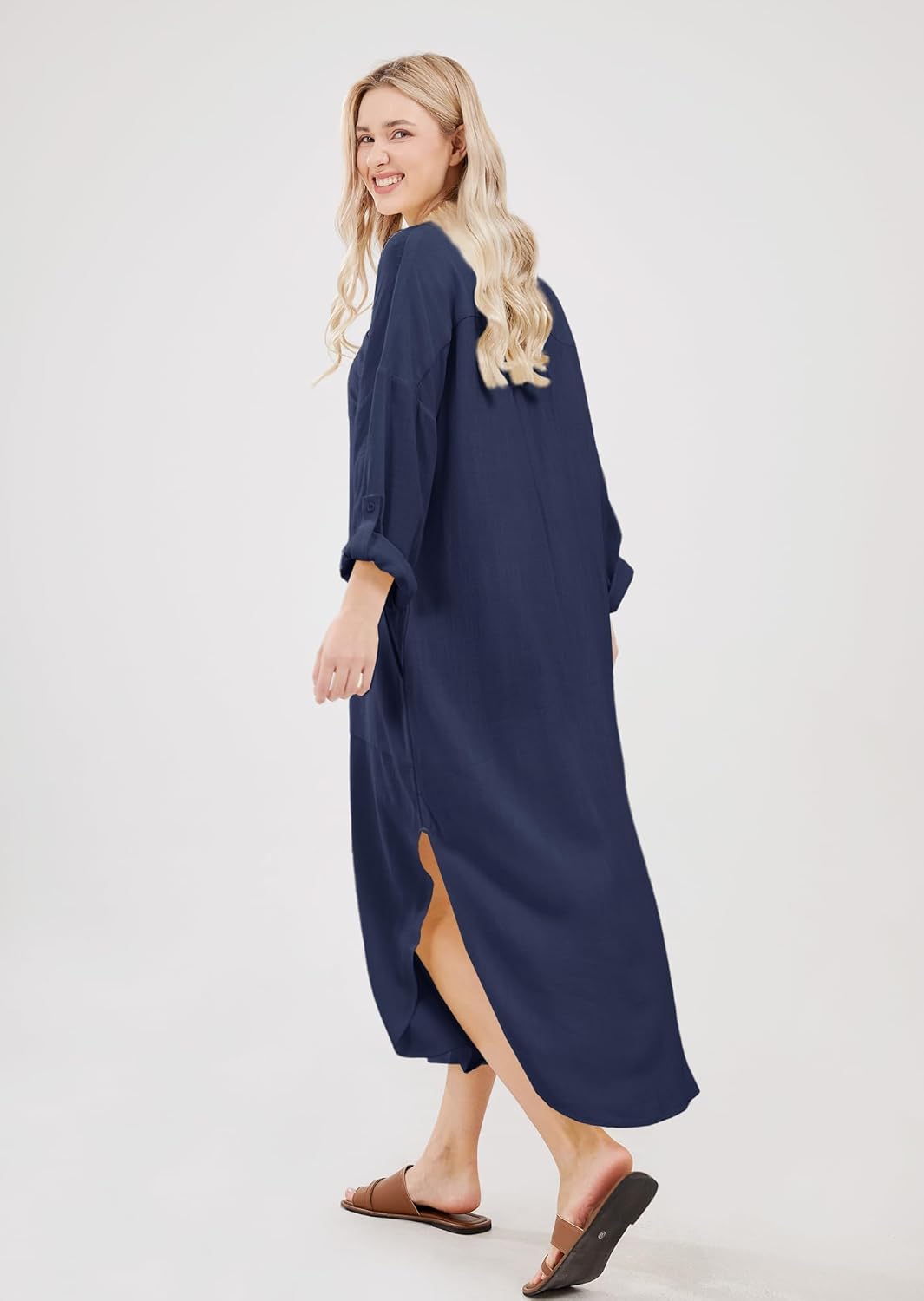 utcoco Womens Casual Loose Cotton Linen Long Shirt Dress Lapel Button Cuffed Sleeve Side Split Dresses with Pockets - Image 6