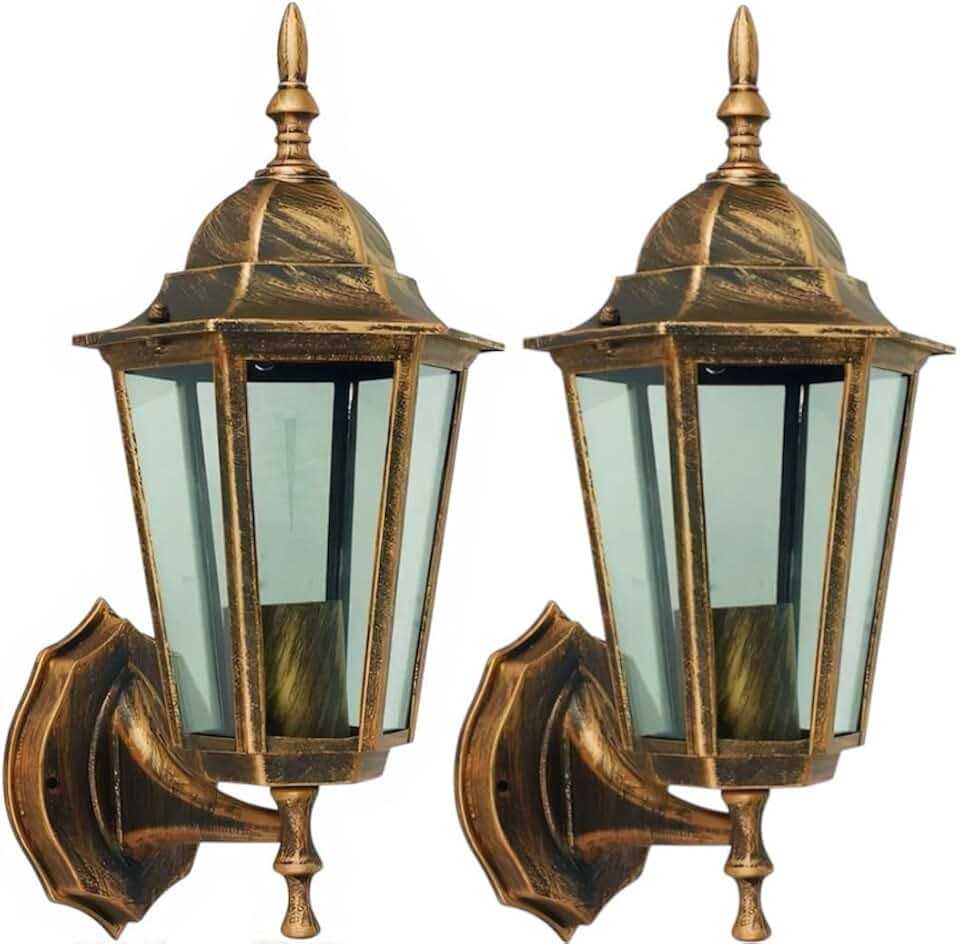 Kit 2 Arandelas Coloniais Sextavada Ouro Velho Alumínio e Vidro Com IP54 à Prova d'água e ao Sol