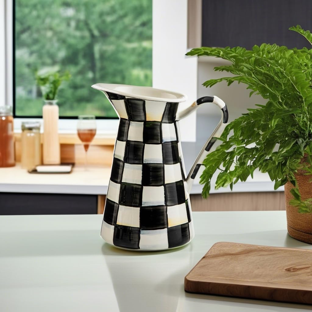 MACKENZIE-CHILDS Practical Enamel Pitcher with Spout, Drink Pitcher for Iced Tea or Water, Flower Vase, Medium, Black-and-White Courtly Check - Image 5