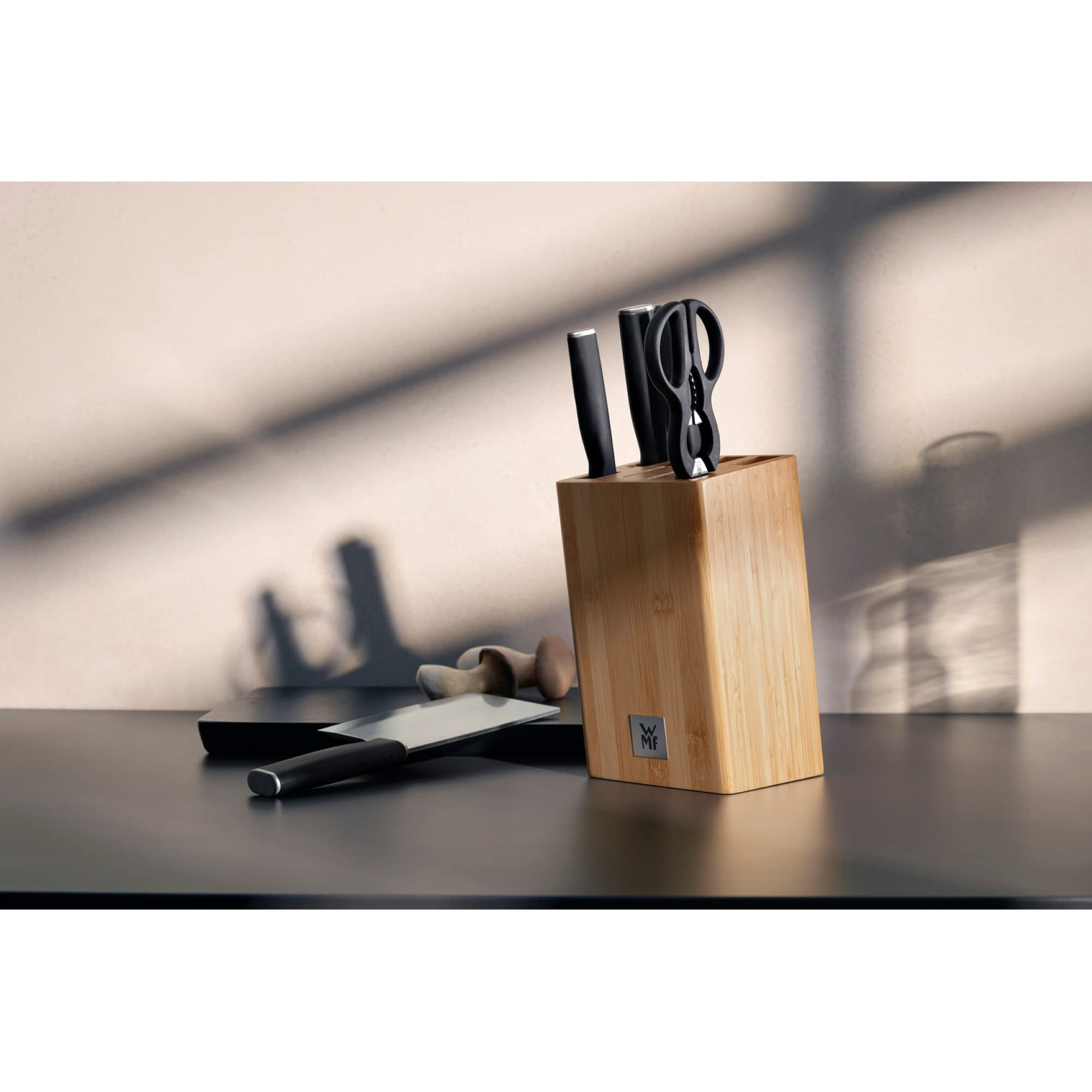 WMF Kineo 6-częściowy blok na noże z nożami, Made in Germany, 4 noże, nożyczki kuchenne, blok bambusowy, Performance Cut, specjalna stal hartowana